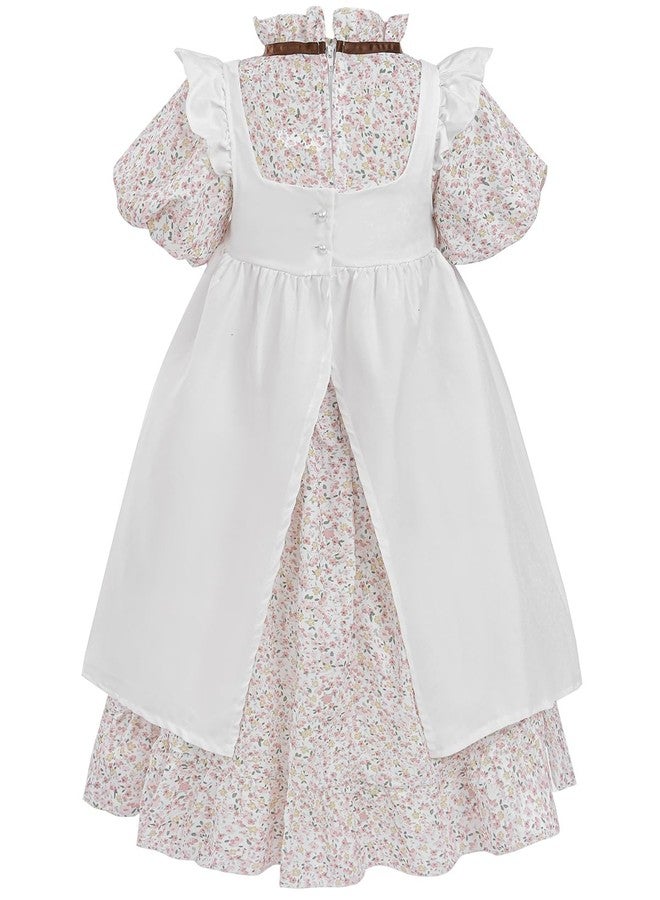 FCCAM FCCAM FCCAM Pioneer Dresses for Girls Floral Ruffle Prairie Colonial Costume with High Waist Apron Pink S Age Over 4 Years Old - Image 3